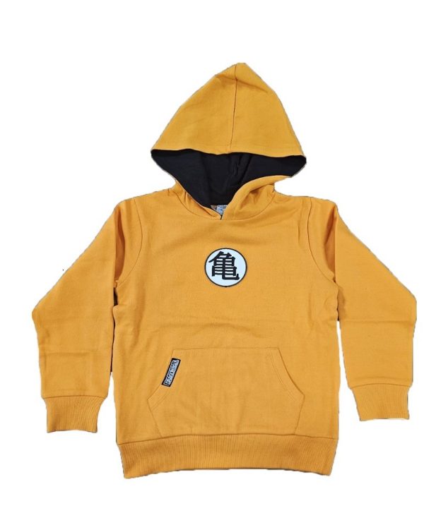 Sudadera con capucha en color mostaza y logo de tortuga en el centro.