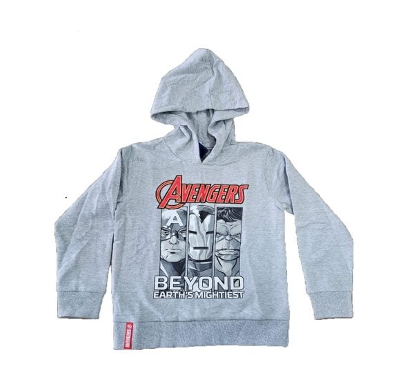 Sudadera gris con diseño de los Vengadores y texto "Beyond Earth’s Mightiest".