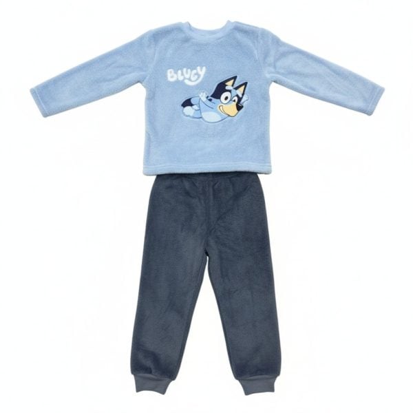 Conjunto de ropa infantil con personaje de dibujos animados en color azul y gris.