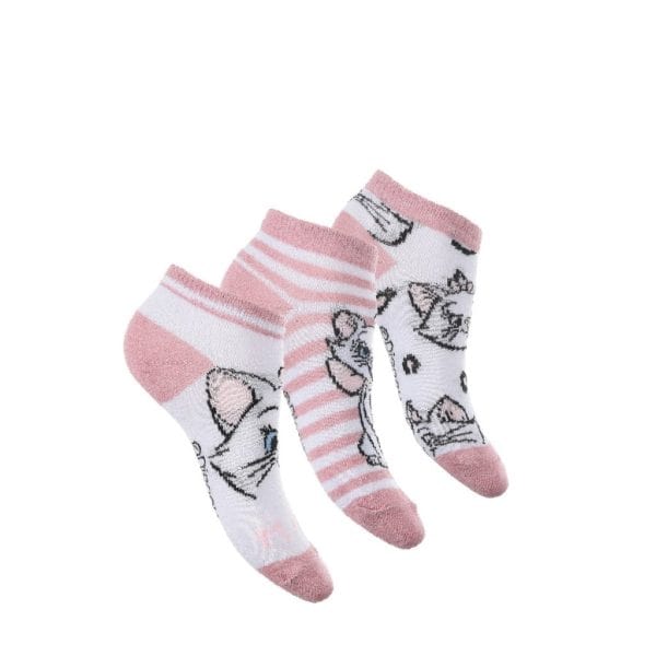 Calcetines infantiles con diseño de gatos en colores rosa y blanco.