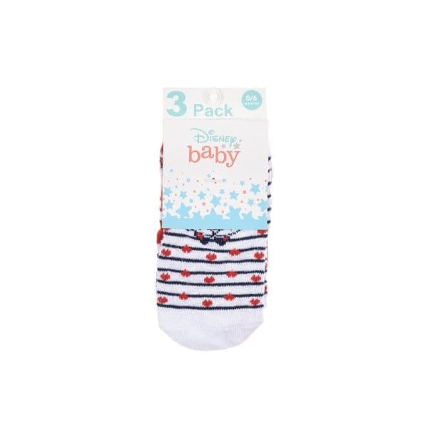 Pack de 3 calcetines de bebé Disney con rayas y estrellas en colores rojo, azul y blanco.