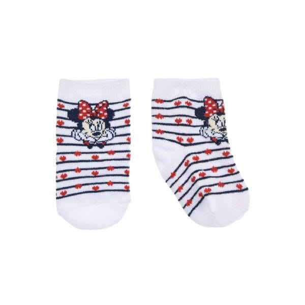 Medias infantiles con diseño de Minnie Mouse y corazones en rayas blancas y azules.