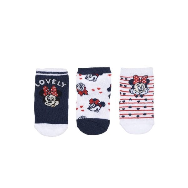 Calcetines infantiles con diseño de Minnie Mouse en colores rojo, blanco y azul.