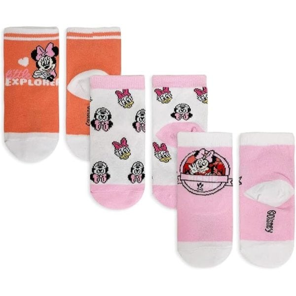 Calcetines infantiles con diseños de Minnie Mouse y personajes de Disney en colores rosa y blanco.