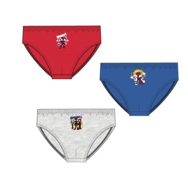 Tres braguitas de niño con personajes navideños en colores rojo, azul y gris.