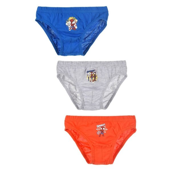 Tres slips de niño en azul, gris y rojo con dibujos divertidos.