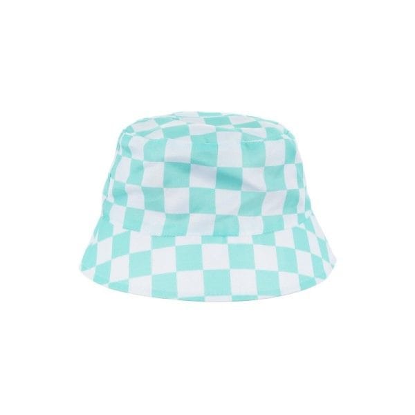 Gorro de tela con patrón de cuadros en tonos azules y blancos.