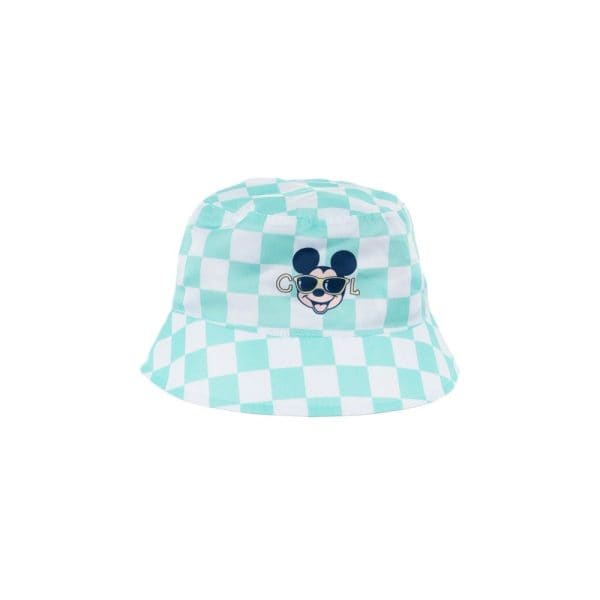 Gorro infantil con diseño de Mickey Mouse y patrón de cuadros en tonos azules y blancos.