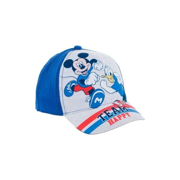 Gorra infantil con Mickey Mouse y Donald Duck en colores azul y blanco.