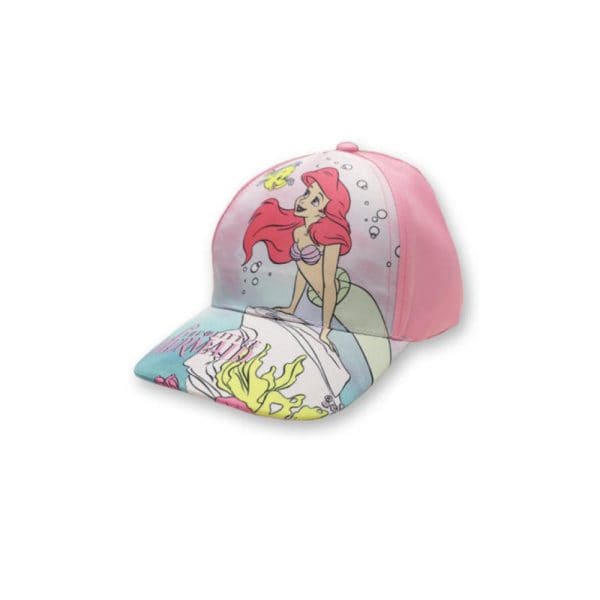 Gorra infantil con diseño de La Sirenita en colores rosa y azul.