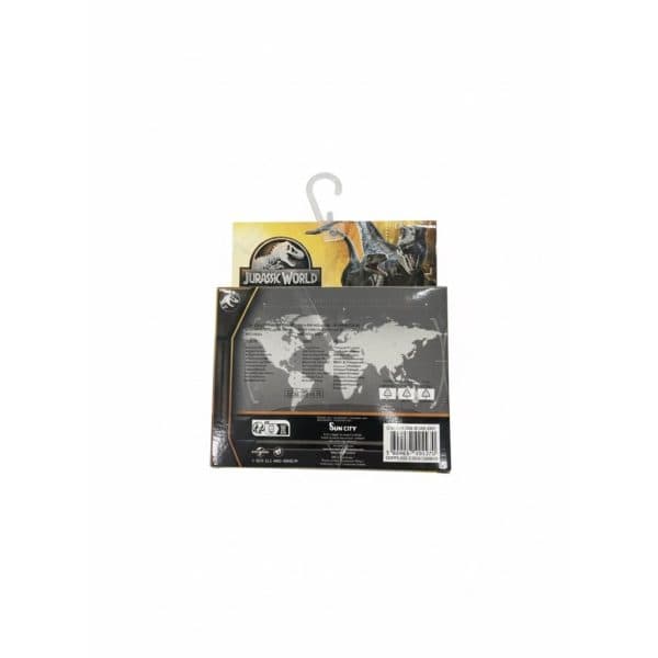 Figura de juguete de dinosaurio de Jurassic World en envase con mapa del mundo.