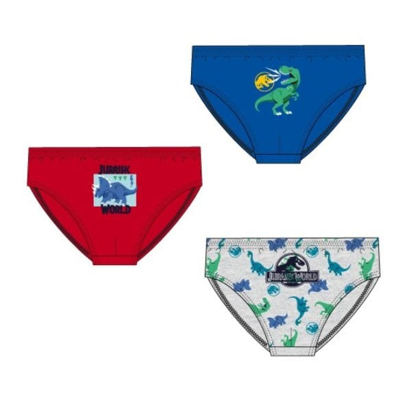 Bañadores infantiles con temática de dinosaurios y Jurassic World en colores rojo, azul y blanco.
