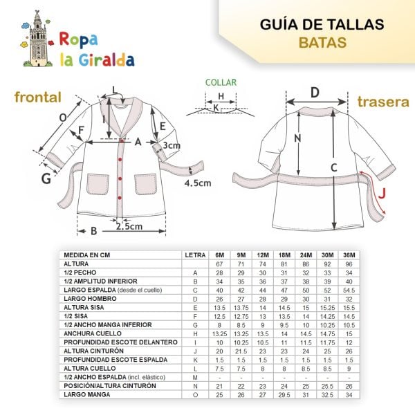 Guía de tallas de batas de ropa La Giralda con medidas en cm para diferentes tallas.