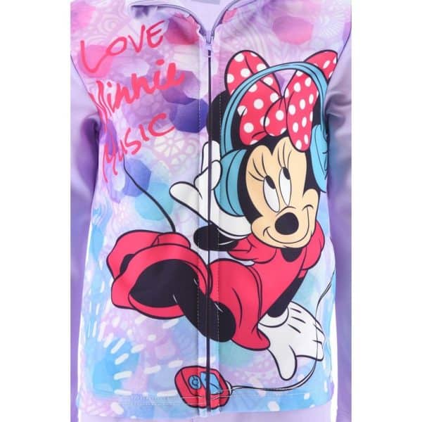 Ropa infantil con Minnie Mouse y temática musical en tonos rosas y lilas.