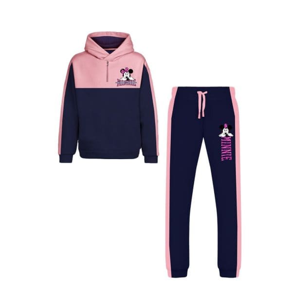 Conjunto de ropa deportiva infantil con Minnie Mouse en rosa y azul marino.
