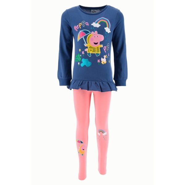 Conjunto infantil Peppa Pig con sudadera azul y leggings rosas con dibujos.