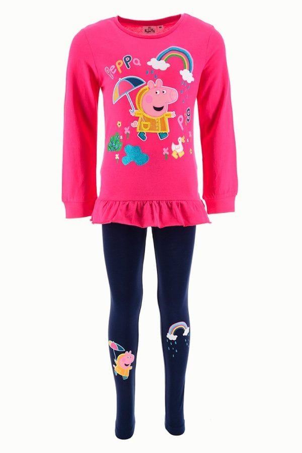 Conjunto infantil de Peppa Pig con camiseta rosa y leggings azules con dibujos.