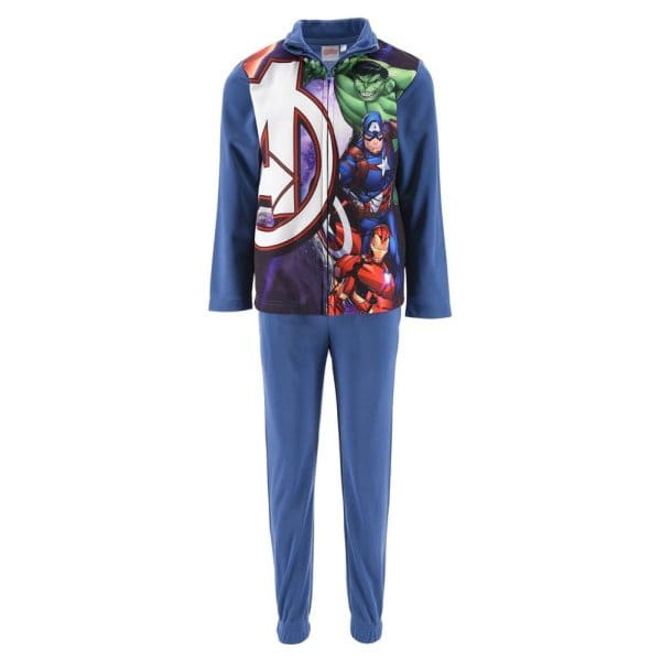 Conjunto de ropa infantil de superhéroes de Marvel con sudadera y pantalones azules.
