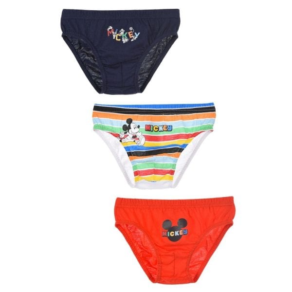 Tres calzoncillos infantiles de Mickey Mouse en diferentes diseños y colores.