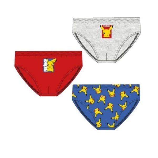 Bañadores infantiles con Pikachu de Pokémon en colores rojo, gris y azul con estampados.