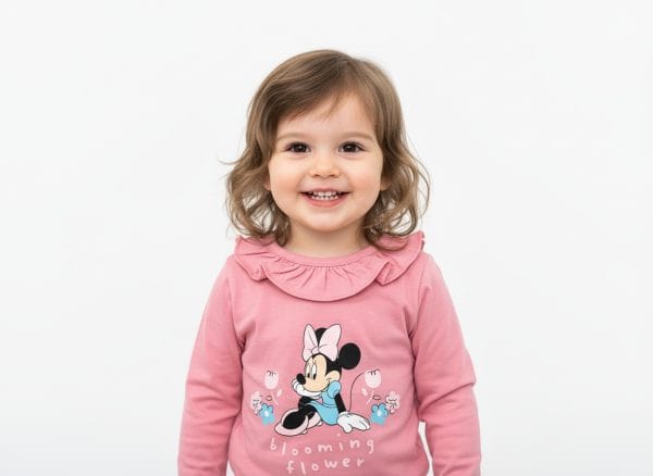 Niña sonriendo con sudadera rosa con dibujo de Minnie Mouse y flores.