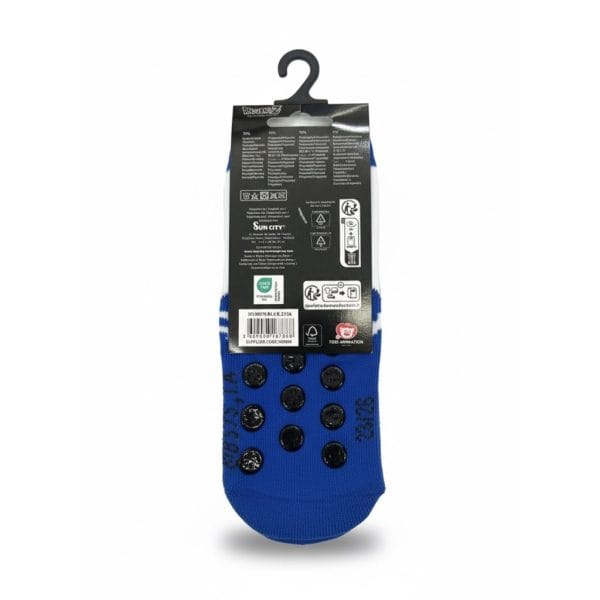 Calcetines deportivos azules con suela antideslizante y protección para deportes.