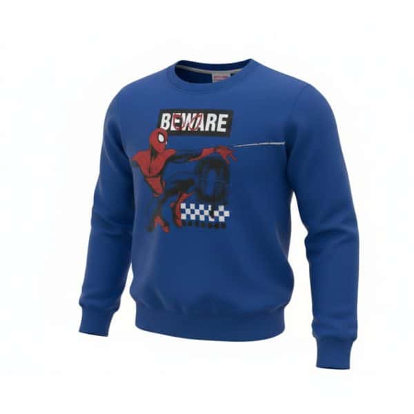 Sudadera azul con diseño de Spider-Man y la palabra 'BEWARE'.