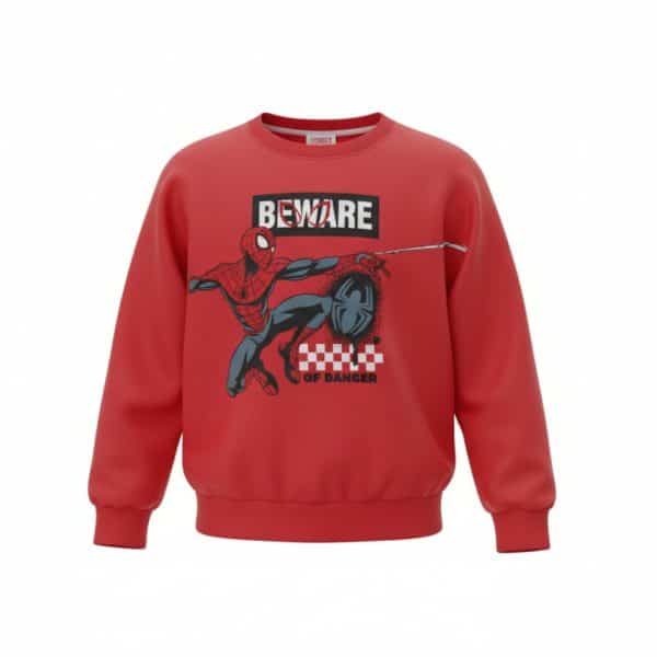 Sudadera roja con diseño de Spider-Man y mensaje de advertencia para bailarines.