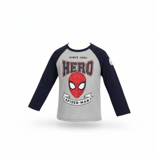 Camiseta infantil con diseño de Spider-Man y logo de héroe.