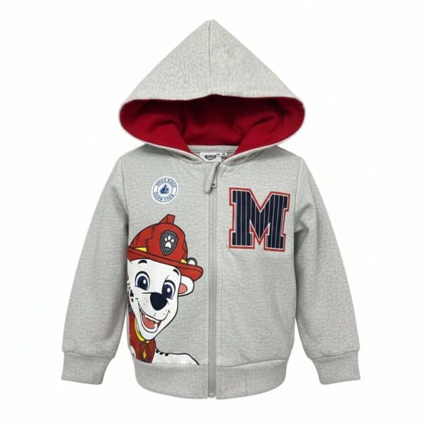 Chaqueta infantil gris con capucha y diseño de dálmata y letra M en la portada.
