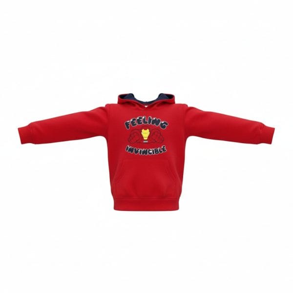 Sudadera roja infantil con diseño y texto divertido en el centro.