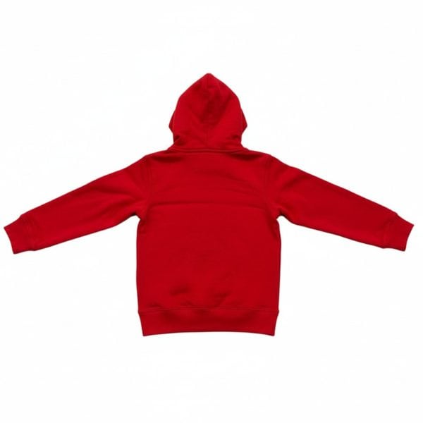 Sudadera roja con capucha para niños en fondo blanco.