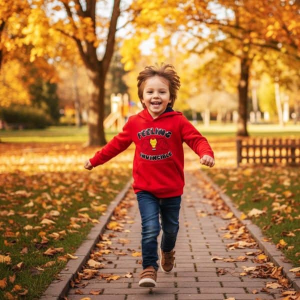 Niño feliz corriendo en parque con hojas de otoño y árboles dorados.