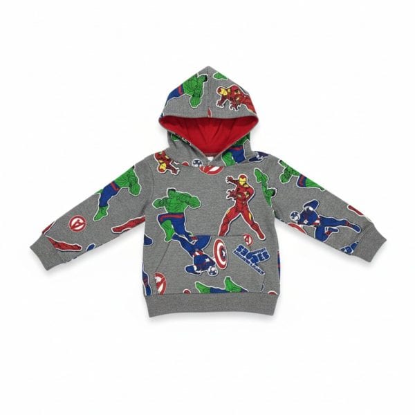 Sudadera infantil con personajes de superhéroes y escudos en gris y rojo.