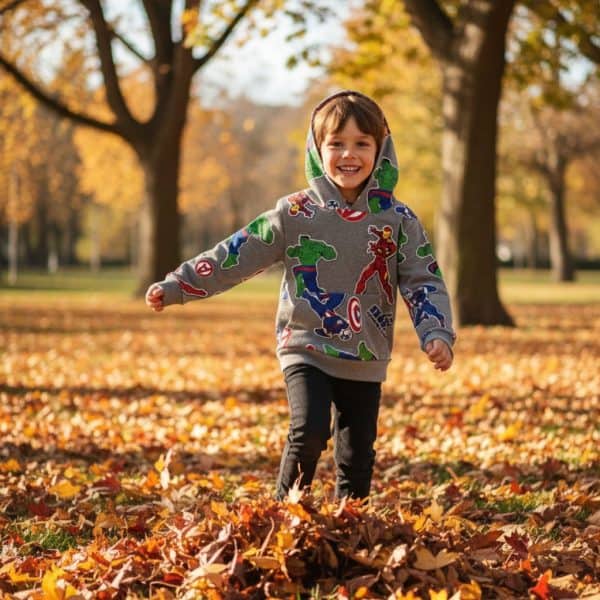 Niño feliz con sudadera de superhéroes en parque otoñal.