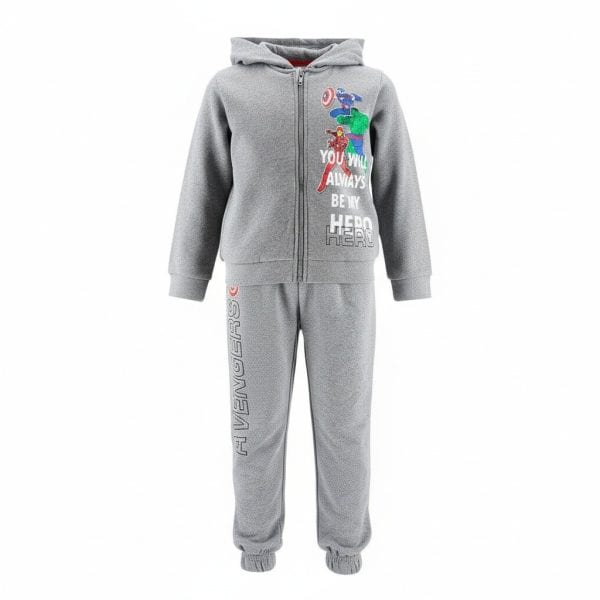 Conjunto de ropa deportiva gris con diseño de superhéroe para niños.