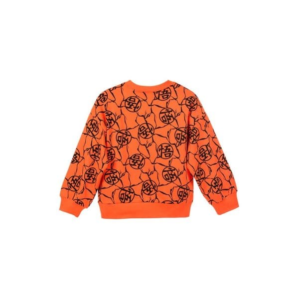 Sudadera naranja con diseño de rosas y logotipo en negro para niños.