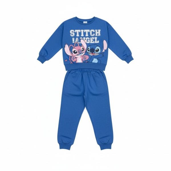 Conjunto infantil de sudadera y pantalón de color azul con personajes de Stitch y Angel.