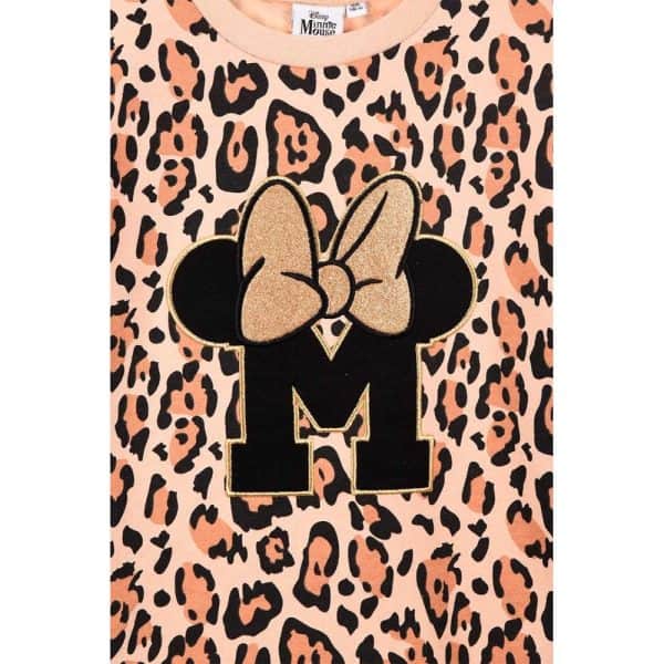 Camiseta de niña con diseño de leopardo y símbolo de Minnie Mouse con lazo.