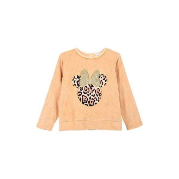 Sudadera infantil en color melocotón con diseño de Minnie Mouse con estampado de leopardo y lazo d.