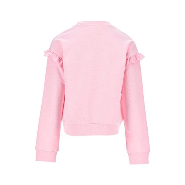 Sudadera rosa para niñas con detalles de volantes en los hombros.
