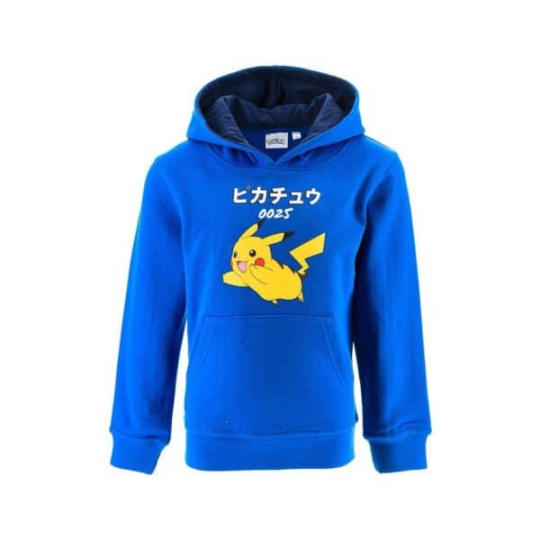 Sudadera azul con Pikachu y texto en japonés y números en la capucha.
