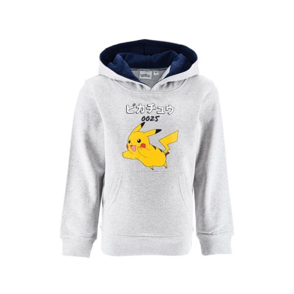Sudadera gris con diseño de Pikachu y texto en japonés y números.