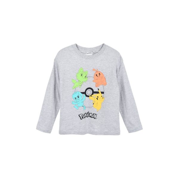 Sudadera gris con personajes de Pokémon en colores vivos y logotipo.