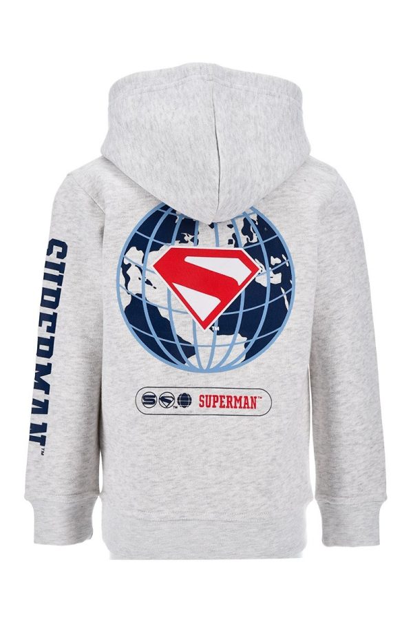 Sudadera gris con logo de Superman y mundo en la espalda.