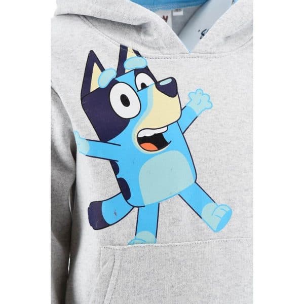 Sudadera con dibujo de un perro cartoon en color azul y gris claro.