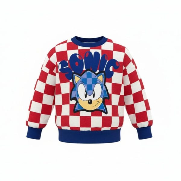 Sudadera infantil con diseño de Sonic y patrón de cuadros rojos y blancos.