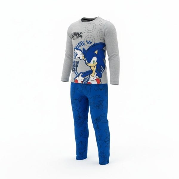 Conjunto de pijama de Sonic para niños en gris y azul con diseño divertido.