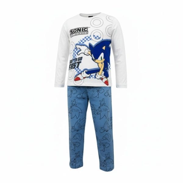 Pijama infantil de Sonic con camiseta y pantalones azules con dibujos de Sonic.