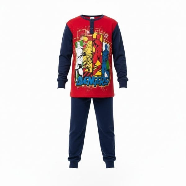 Conjunto de ropa infantil de los Vengadores en colores rojo y azul.